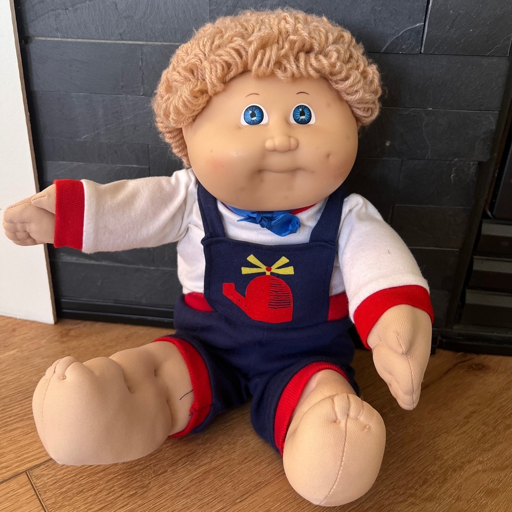 Vintage 1982 Cabbage Patch Kids Boy Doll Blonde Yarn Hair Blue Eyes Signed